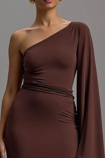 Ruffled Coffee One Shoulder Long Sleeves Formal Dress